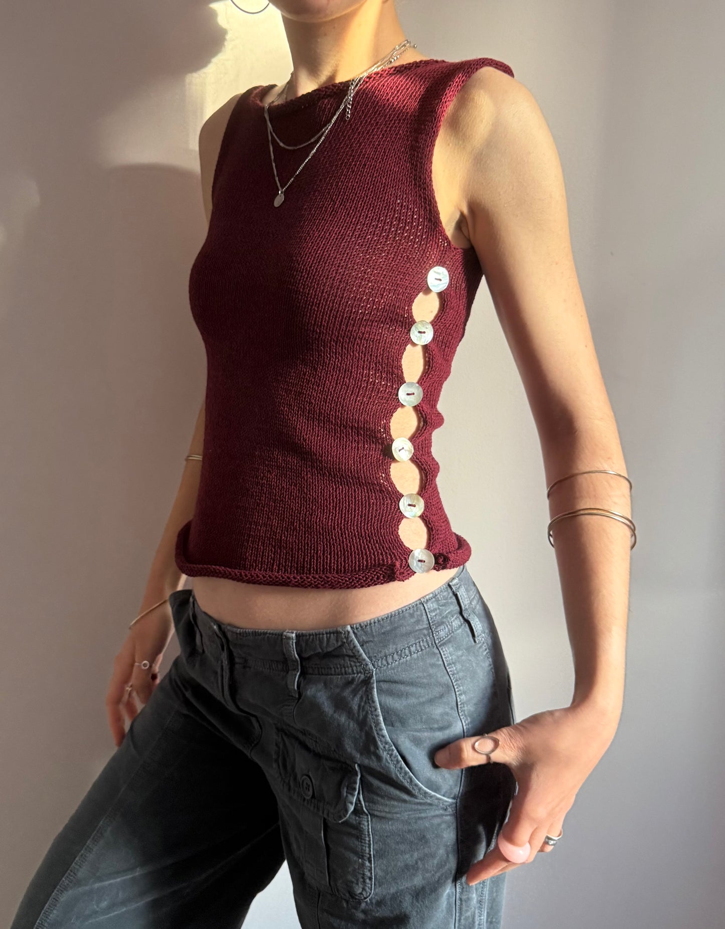Handmade knitted Pearl Vest - burgundy (pre made in size S).