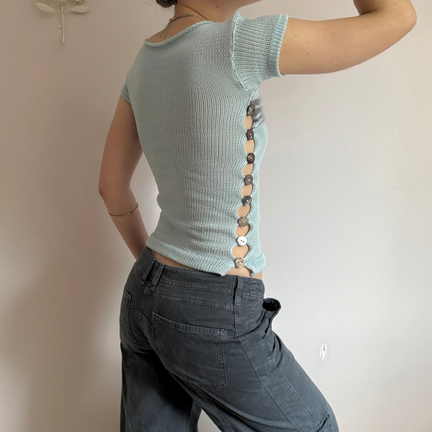 Handmade baby blue and grey striped knit button tee - limited edition 🩵
