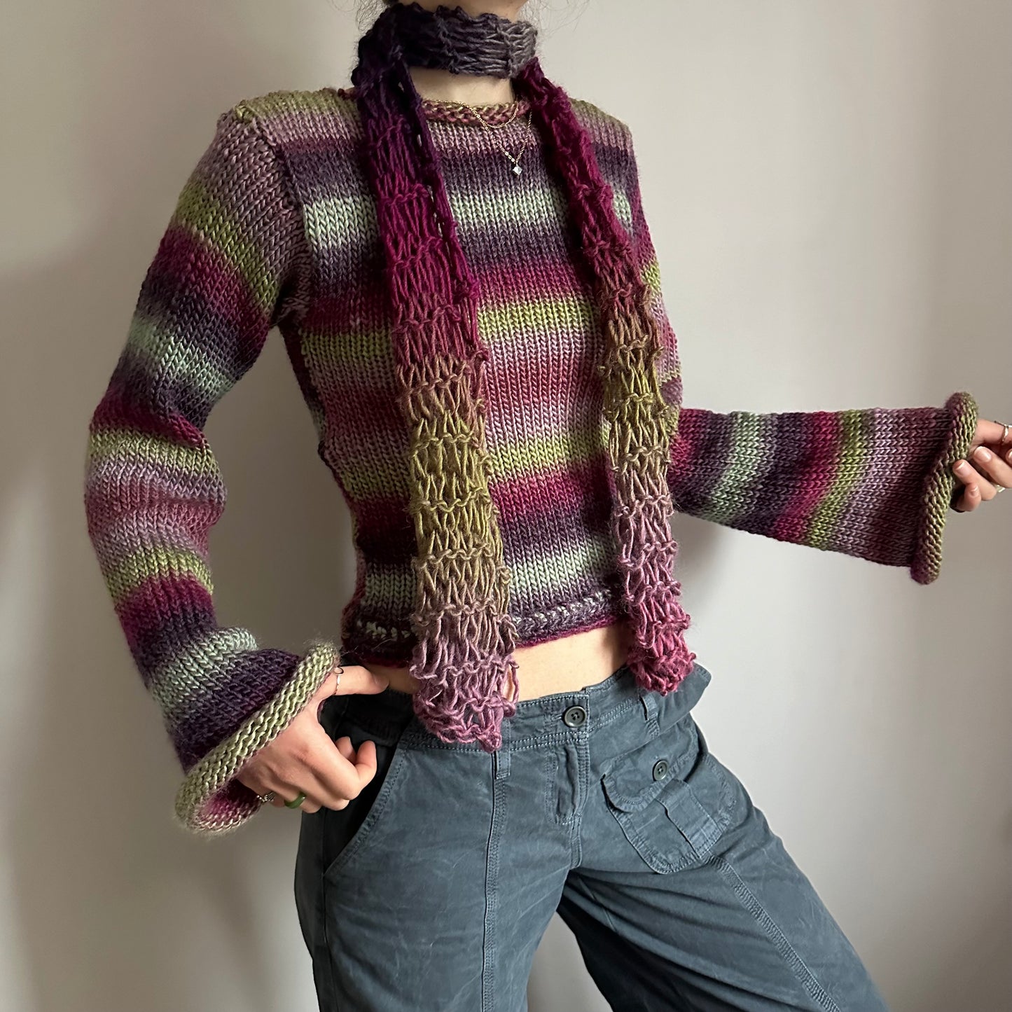 Handmade fishnet knitted scarf in ombré green and purple