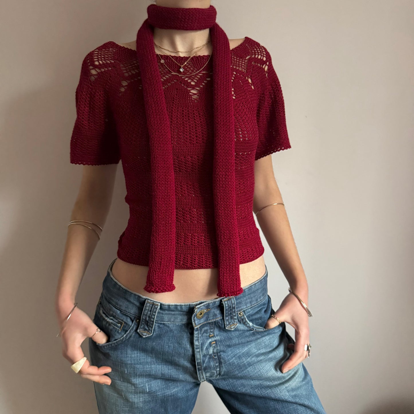 Handmade knitted skinny scarf in dark red