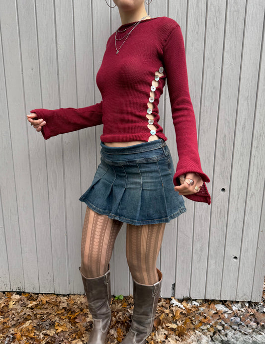 Pearl Long Sleeve in cherry red - handmade knit jumper with mother of pearl buttons