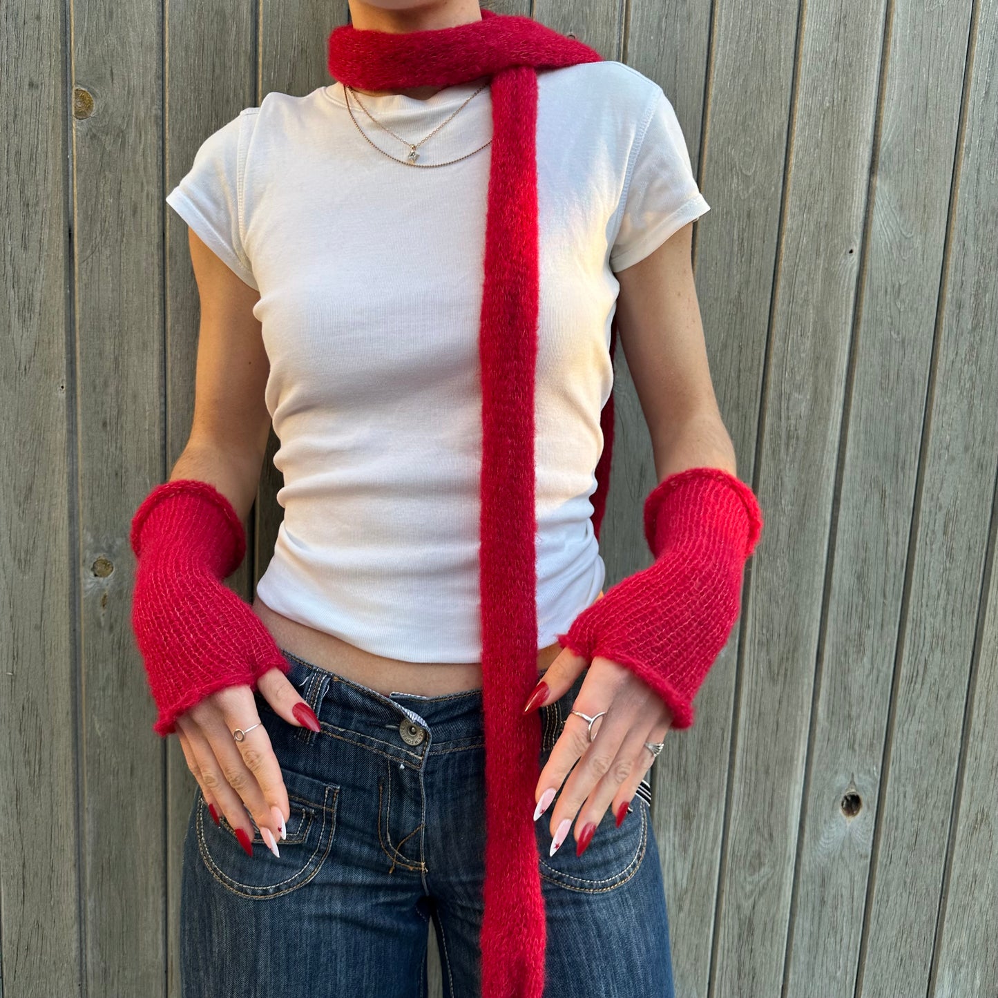 red knitted mohair scarf styled differently