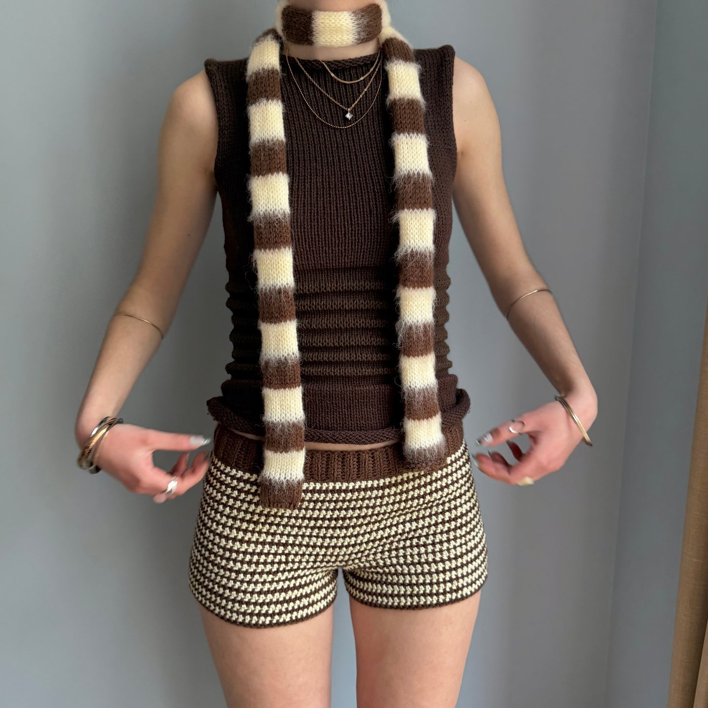 Handmade knitted brown and light yellow mohair striped skinny scarf