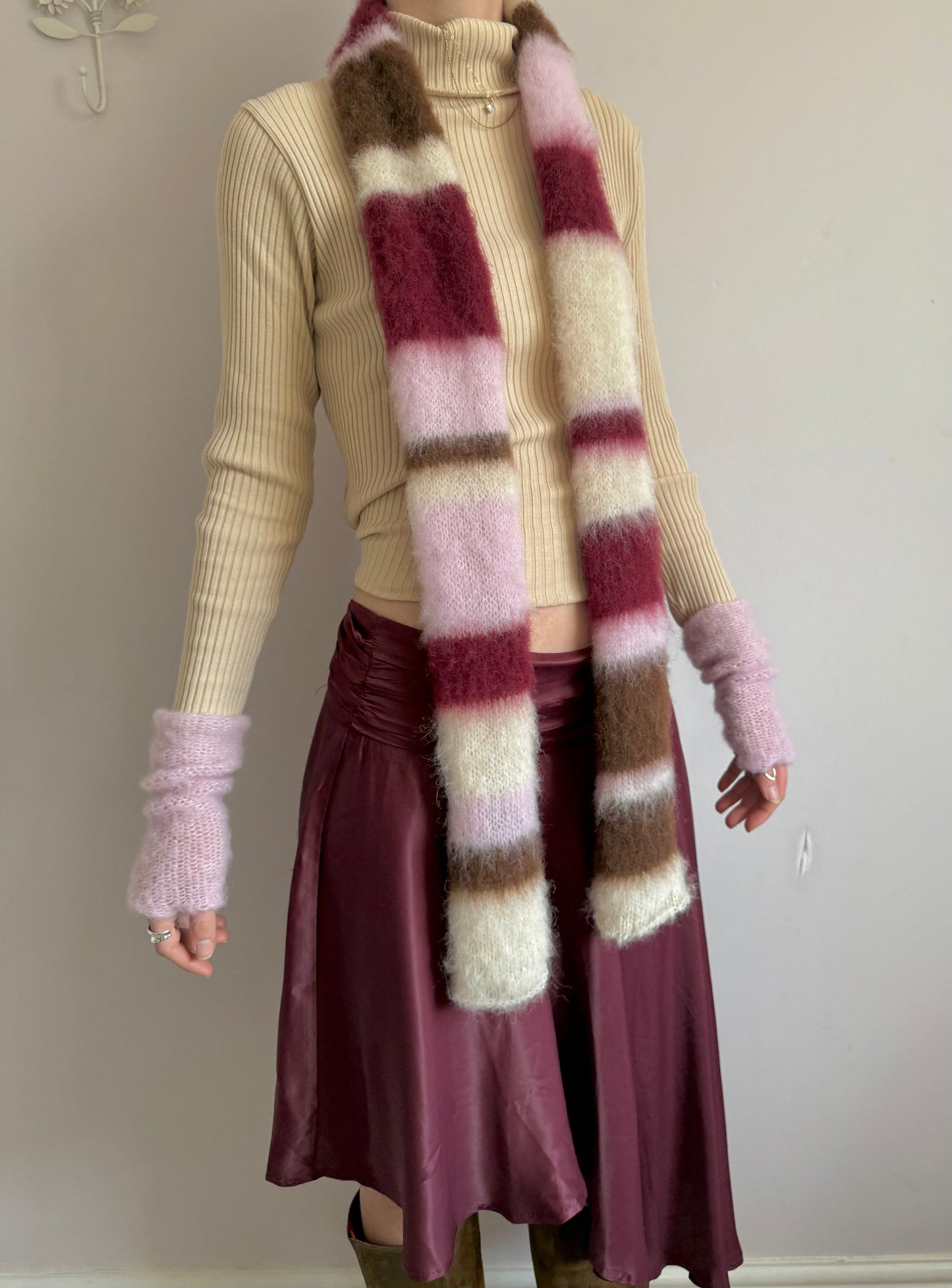 Handmade cream, burgundy, brown and baby pink fluffy striped scarf - choose full width or skinny 🌸