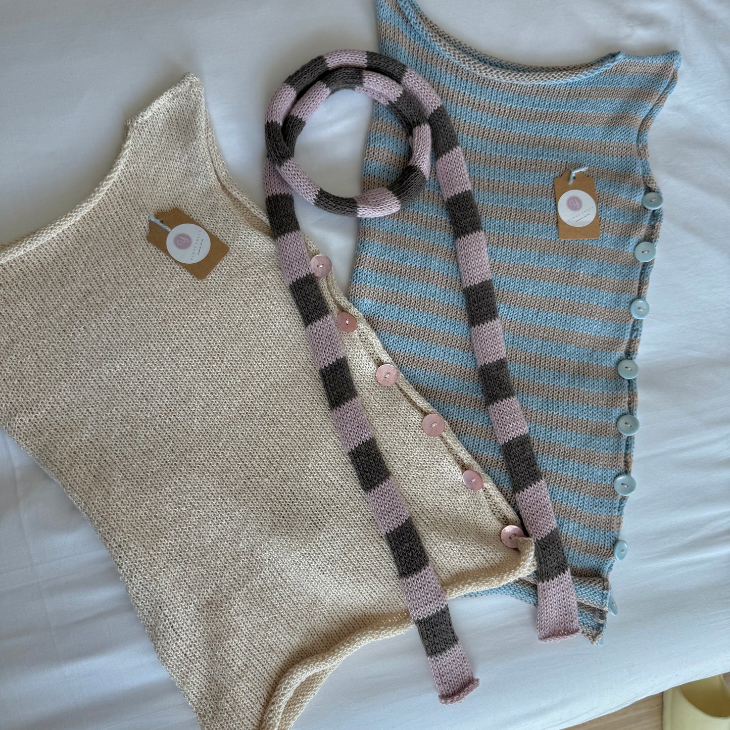 Handmade cotton knitted dusky pink and mocha striped skinny scarf / belt