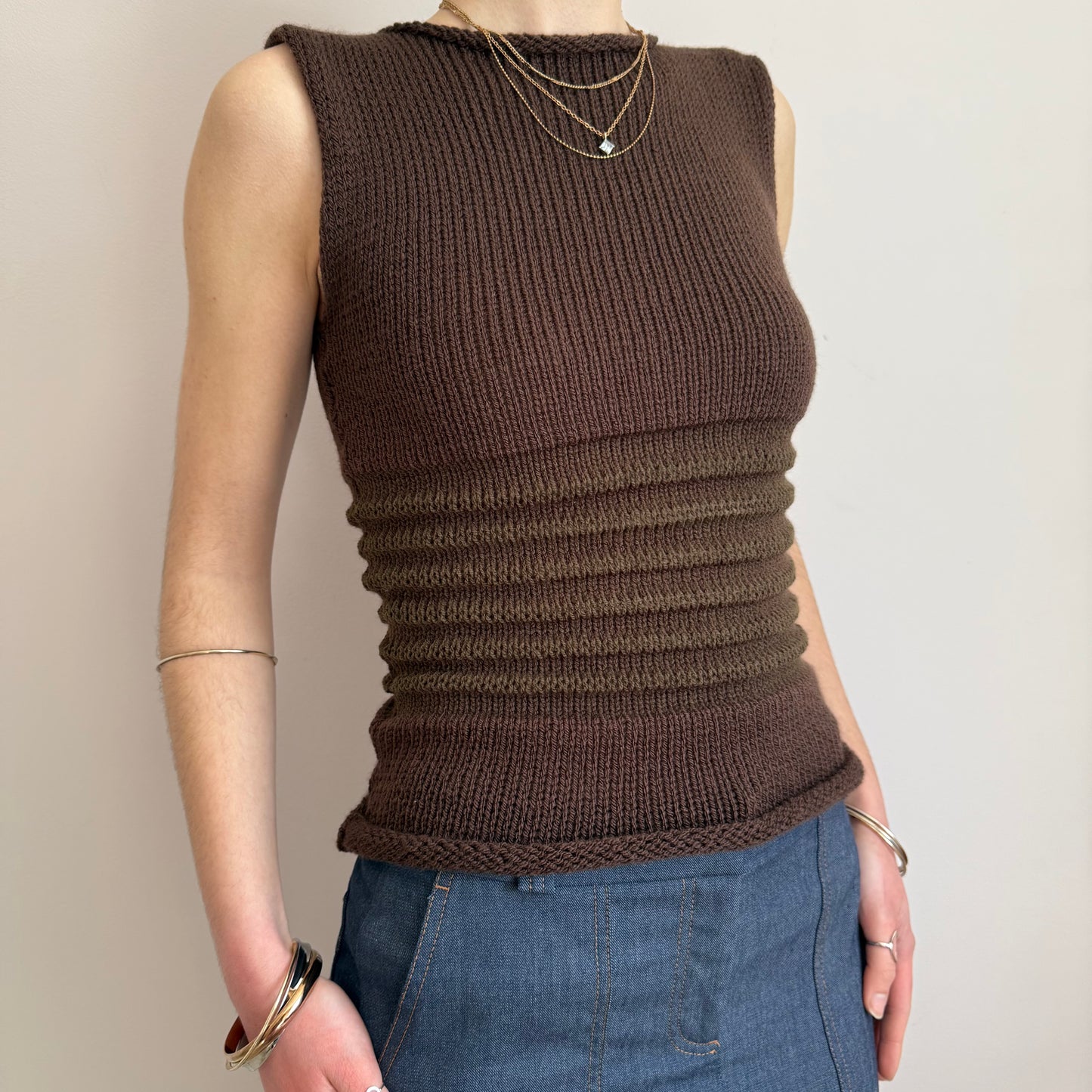 Handmade brown shirred knitted vest