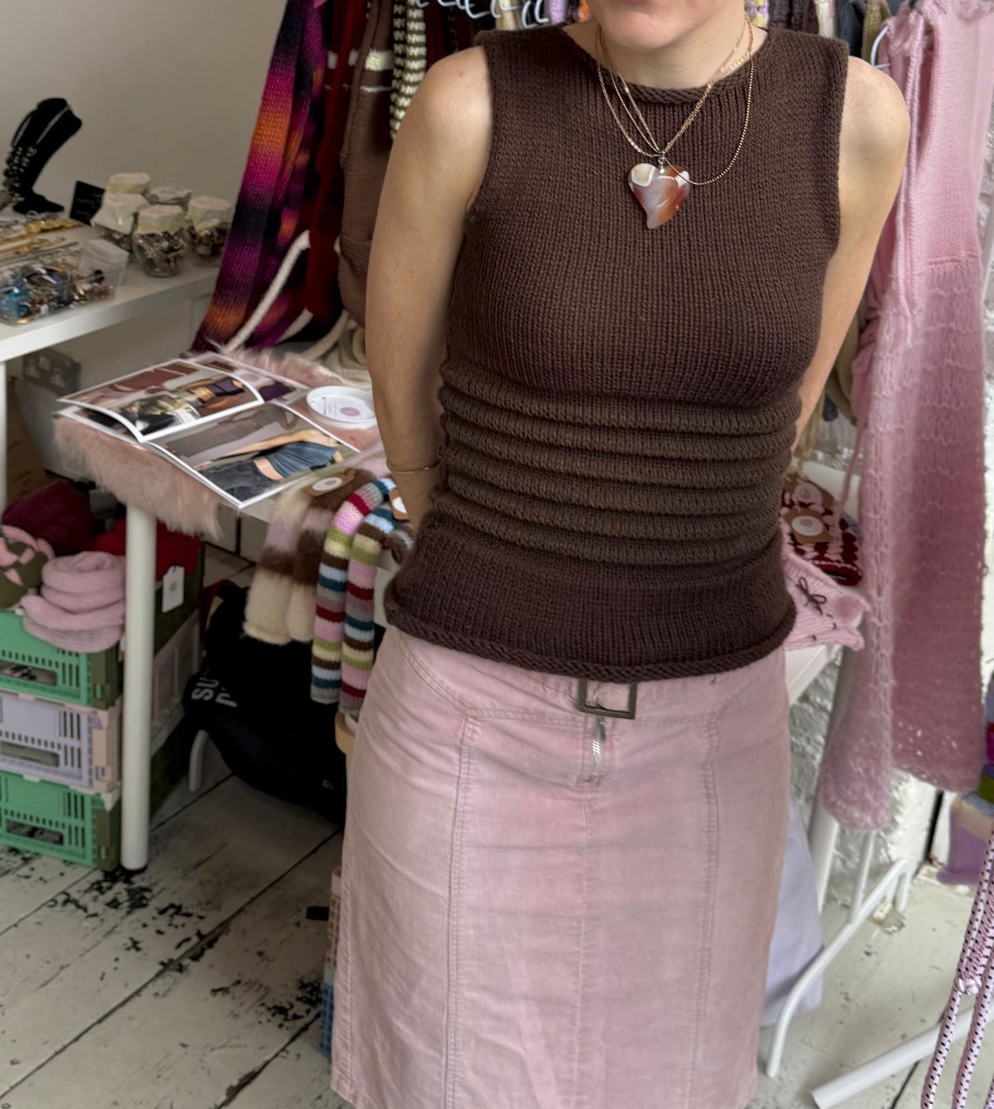 Handmade brown shirred knitted vest