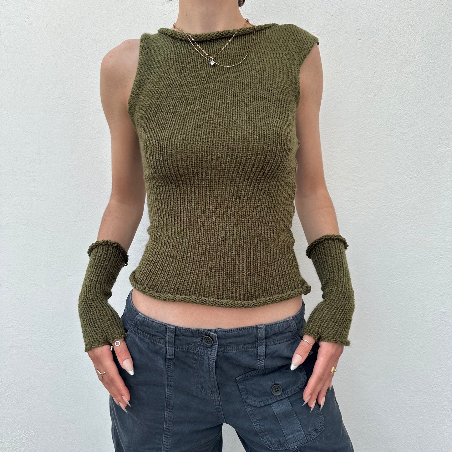 Handmade khaki green off the shoulder knit vest