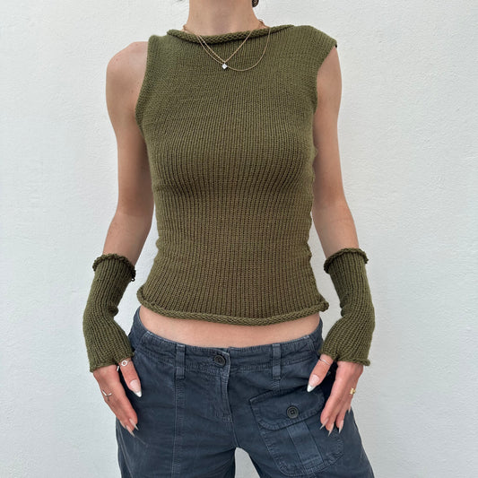 Handmade khaki green off the shoulder knit vest