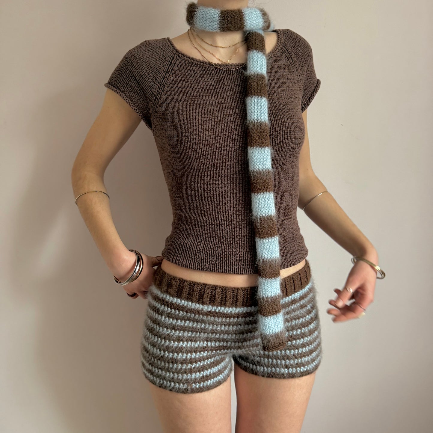 brown and blue striped skinny scarf with crochet shorts