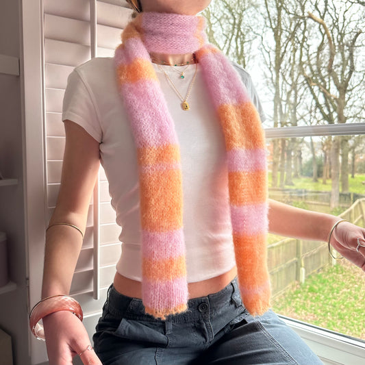 Handmade knitted baby pink and orange fluffy mohair striped scarf