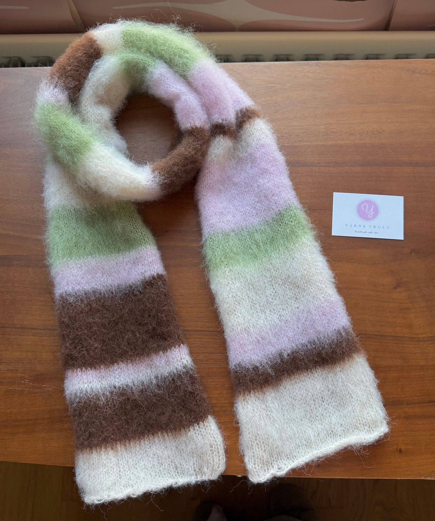 Handmade cream, light green, brown and baby pink fluffy striped scarf - choose full width or skinny 🌸