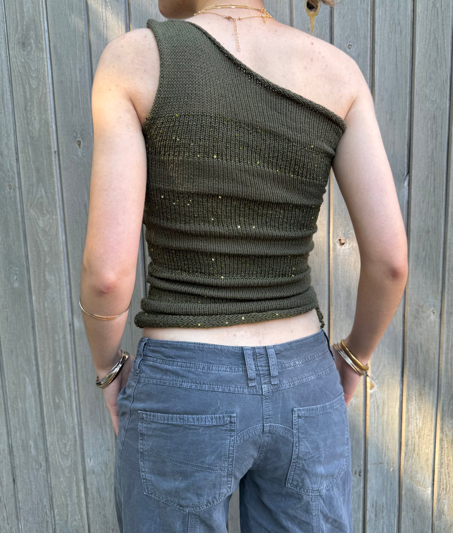 Handmade sparkly draped one shoulder knit top in forest green - cotton (pre made in XS)