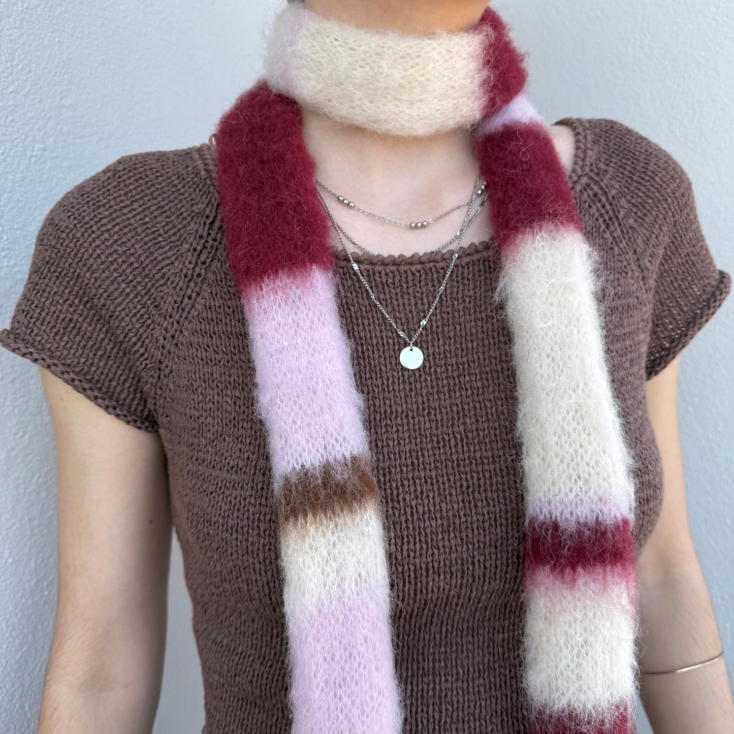 Handmade cream, burgundy, brown and baby pink fluffy striped scarf - choose full width or skinny 🌸