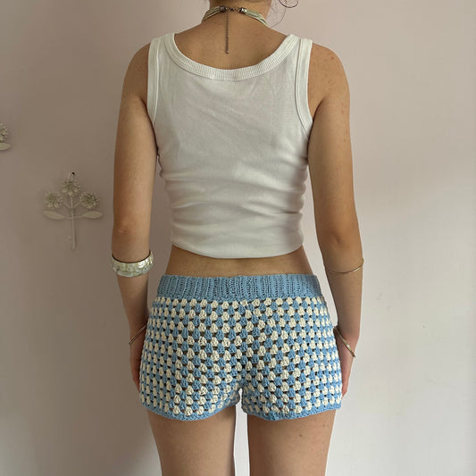 Handmade gingham crochet shorts in baby blue and cream