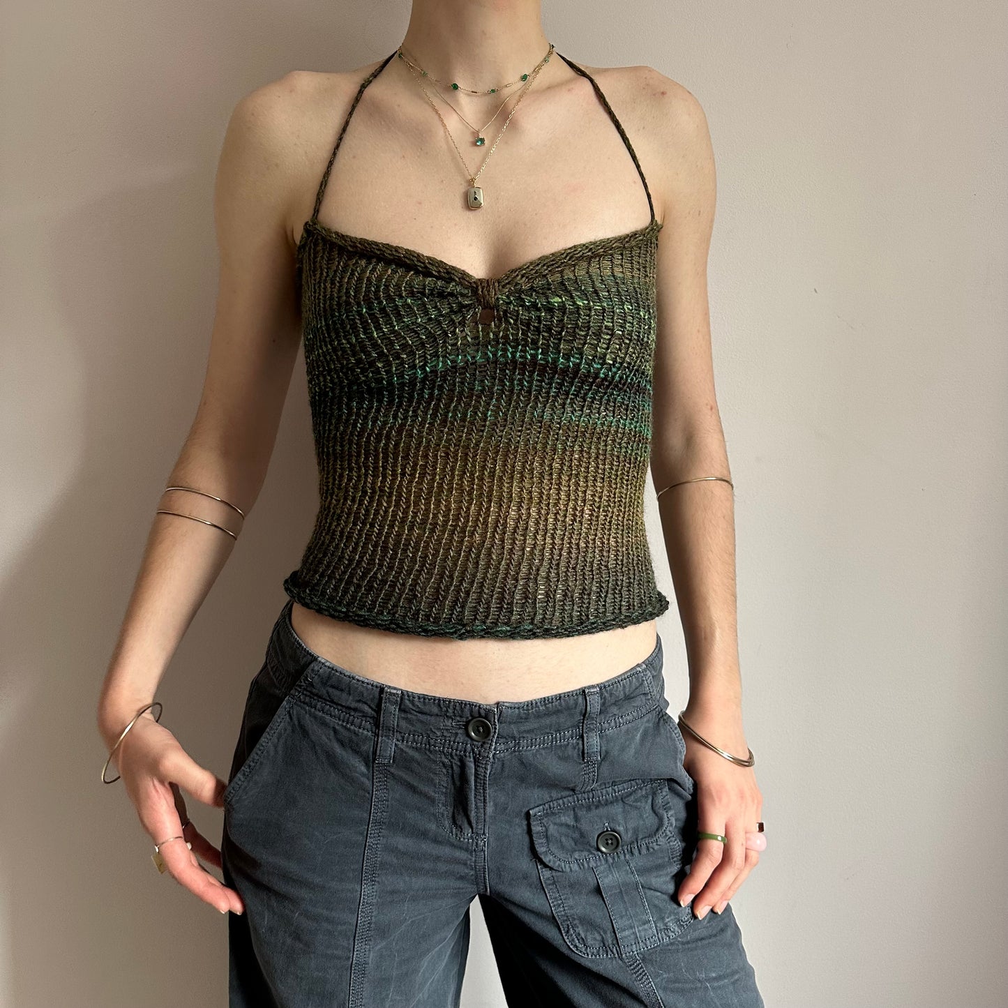 Handmade green and brown ruched bust ombré knitted halter top