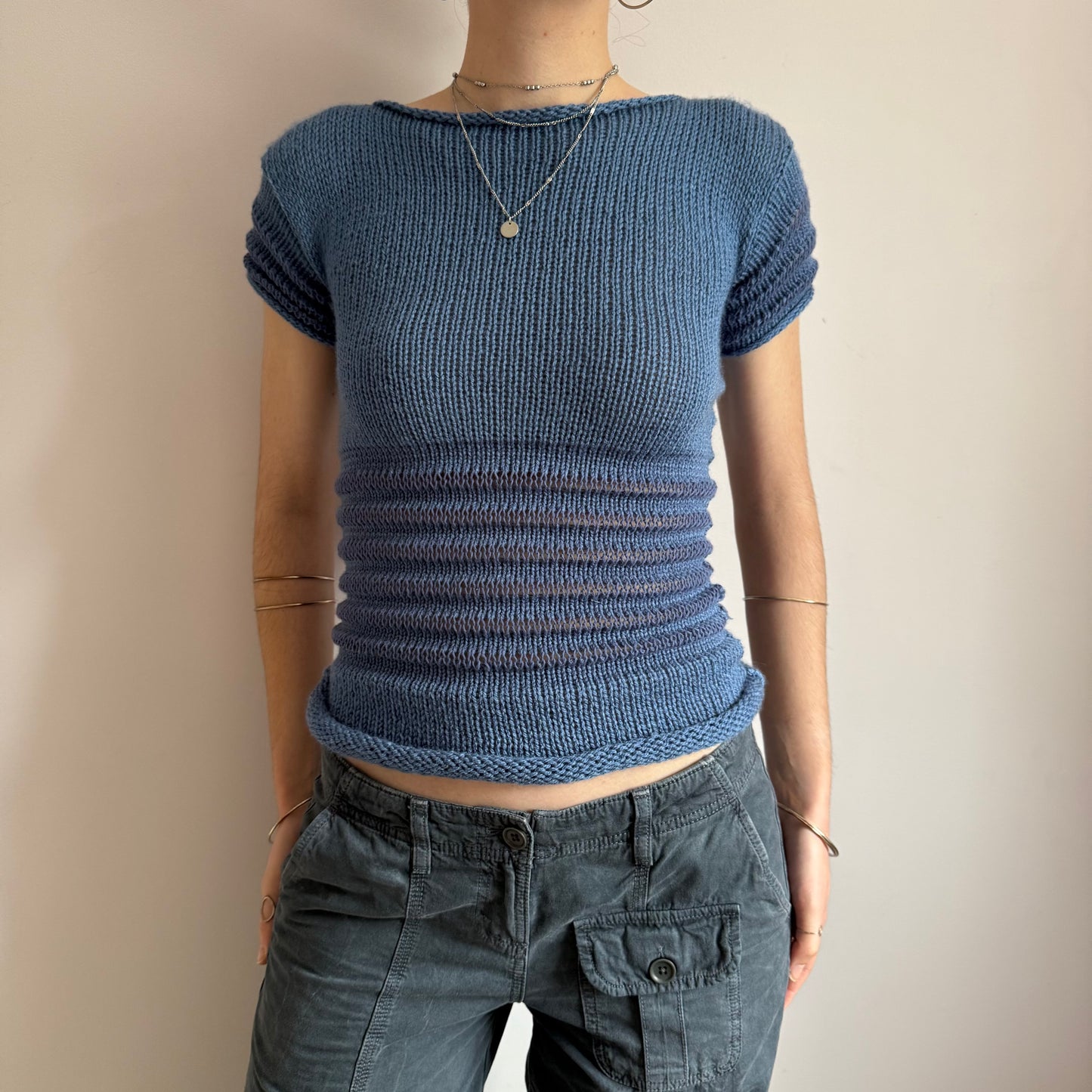 The Ripple Tee - handmade denim blue shirred top