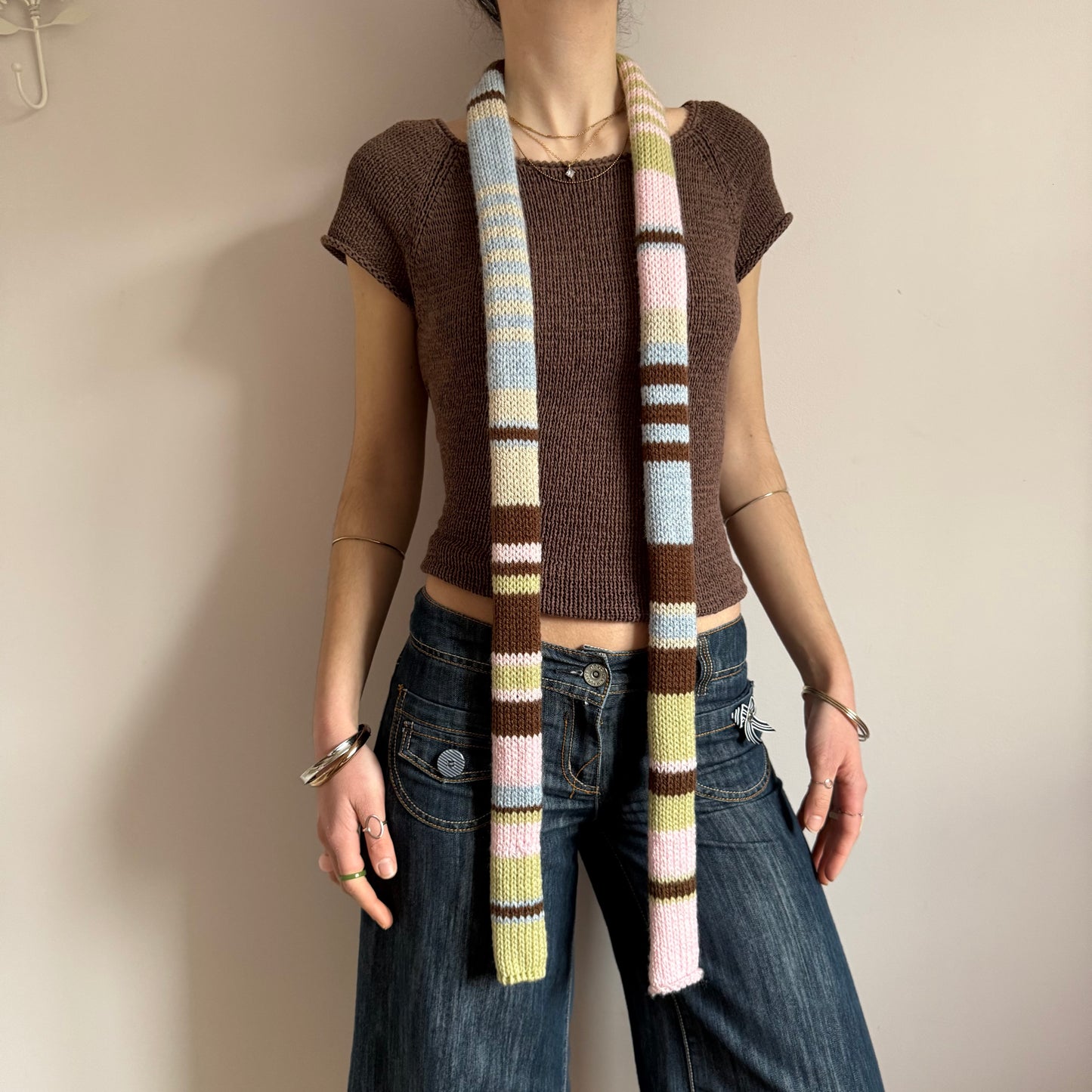 The Springtime Scarf - handmade knitted multicoloured striped skinny scarf
