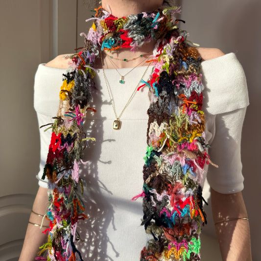 Scrappy skinny scarf #1 - handmade from leftover yarn scraps