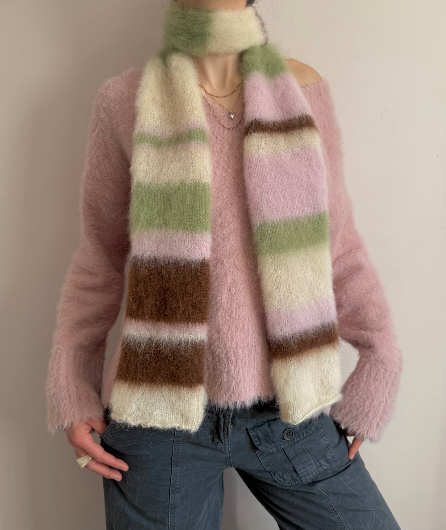 Handmade cream, light green, brown and baby pink fluffy striped scarf - choose full width or skinny 🌸