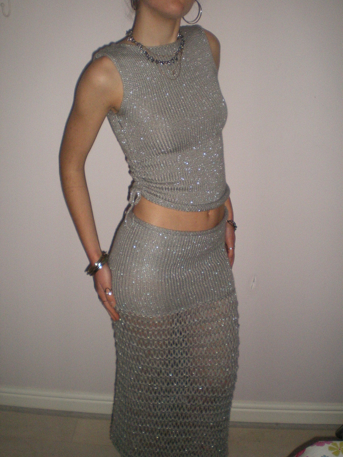 Handmade silver metallic ruched knitted vest