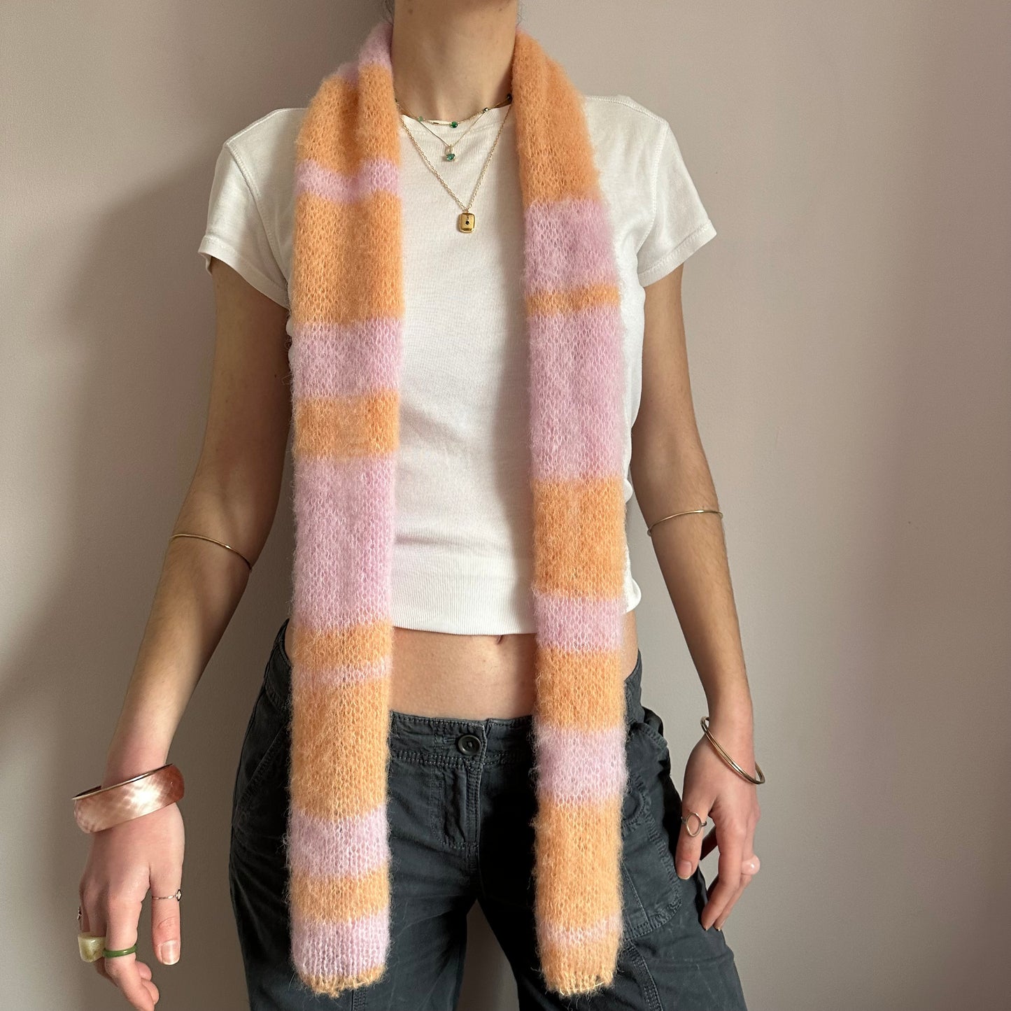 Handmade knitted baby pink and orange fluffy mohair striped scarf