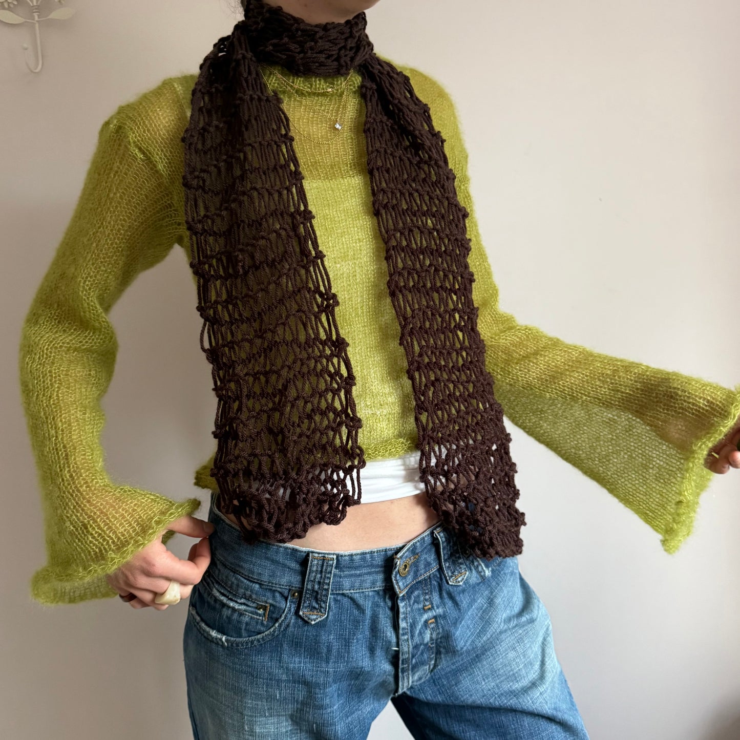 Handmade fishnet knitted scarf in brown