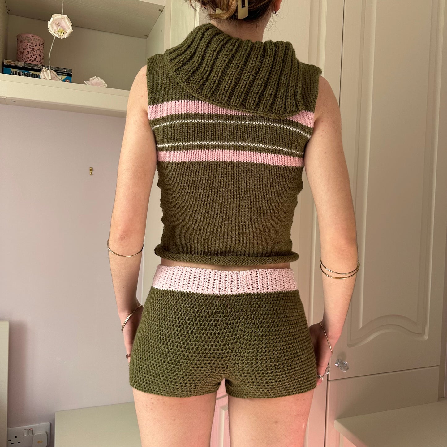 The Jade Shorts - handmade crochet shorts in khaki and baby pink with pocket