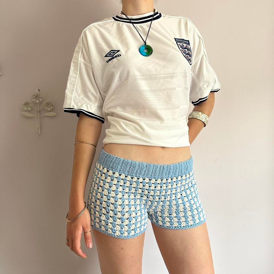 Handmade gingham crochet shorts in baby blue and cream