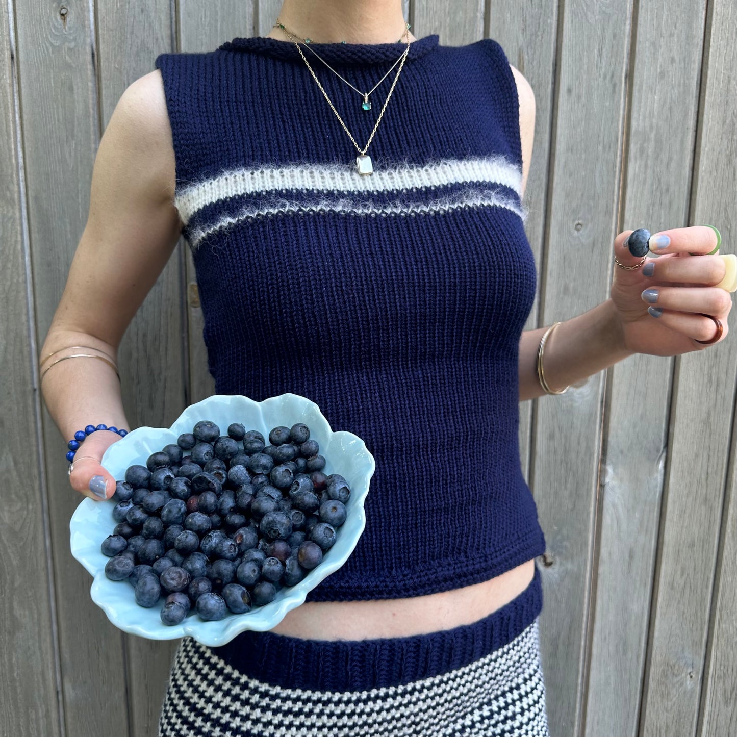 The Blueberry Vest: handmade navy blue and cream striped vest top - choose with or without bow back
