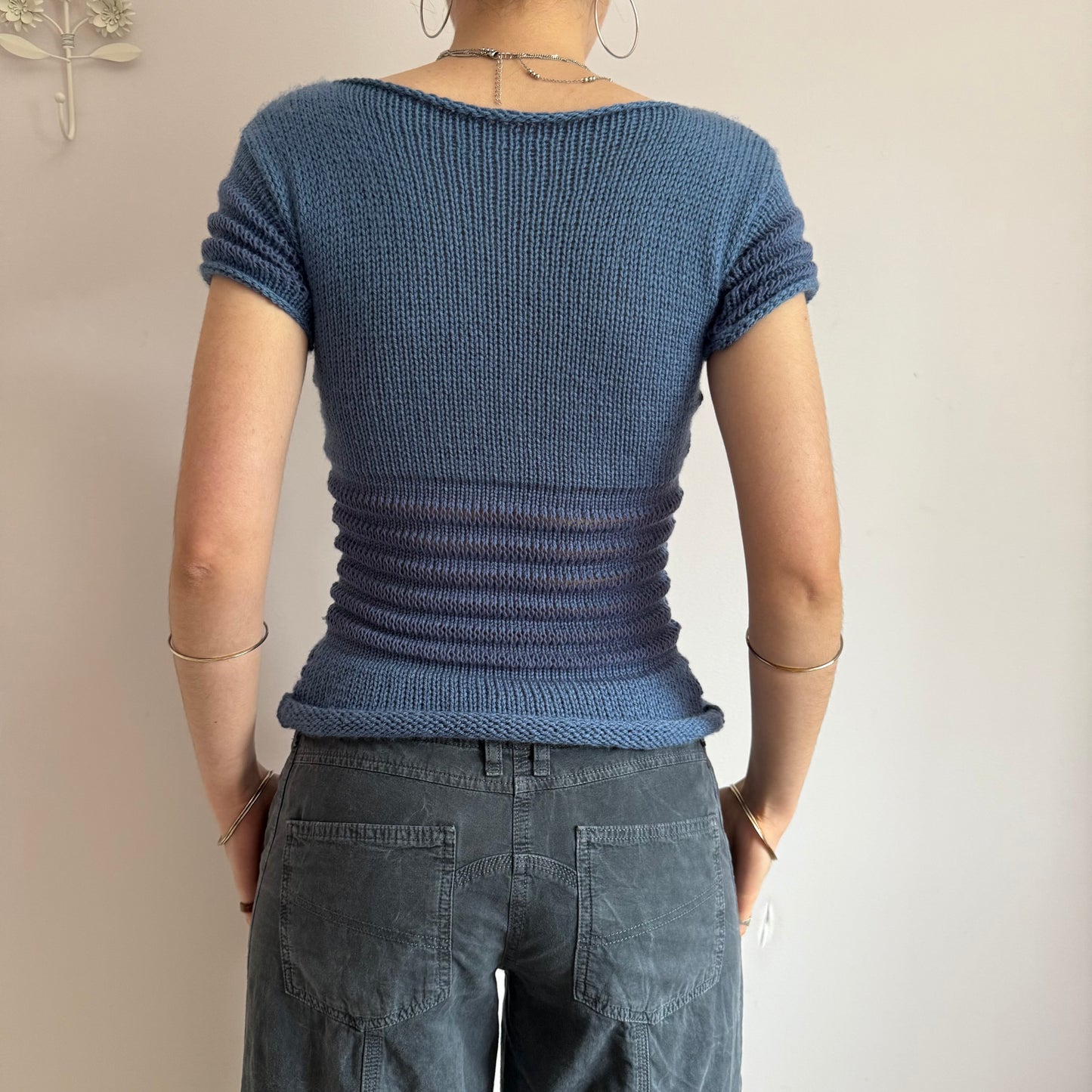 The Ripple Tee - handmade denim blue shirred top