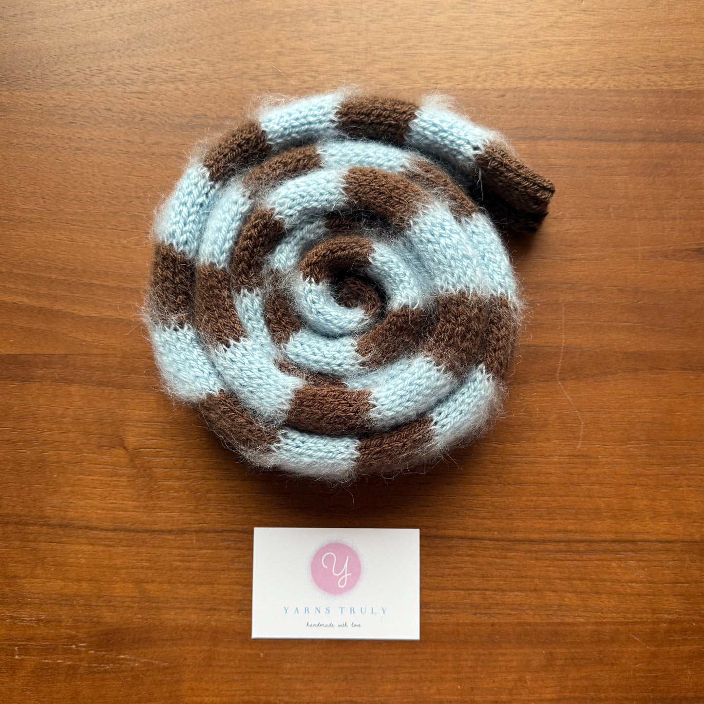 brown and baby blue mohair striped knit scarf swirl