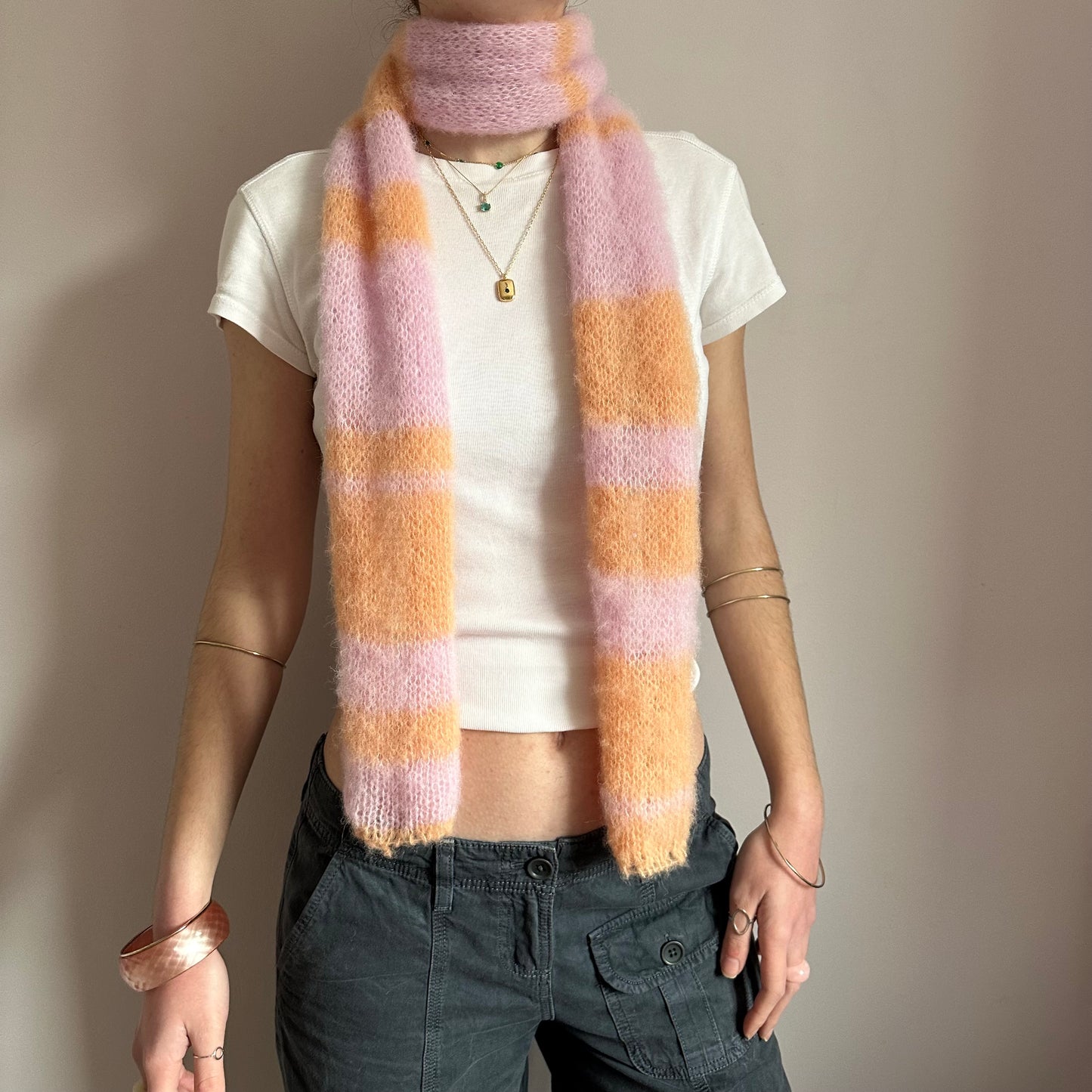 Handmade knitted baby pink and orange fluffy mohair striped scarf