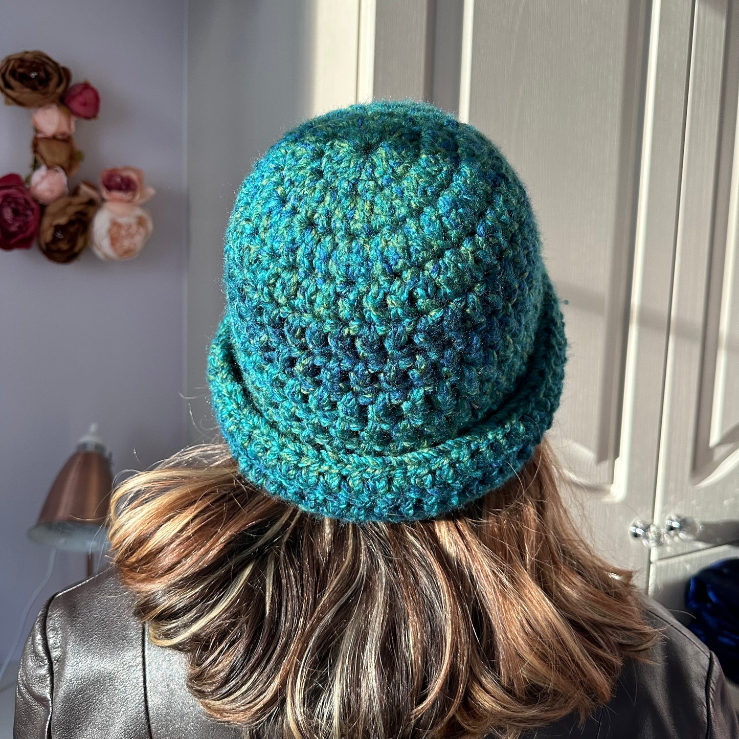 Handmade blue and green chunky crochet bowler hat