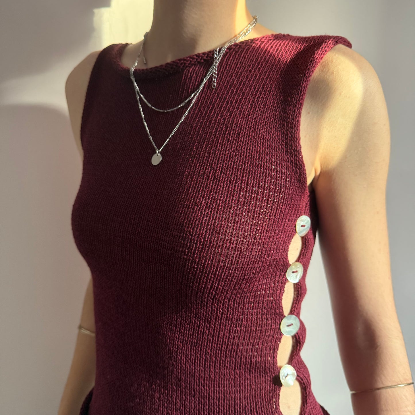 Handmade knitted Pearl Vest - burgundy (pre made in size S).
