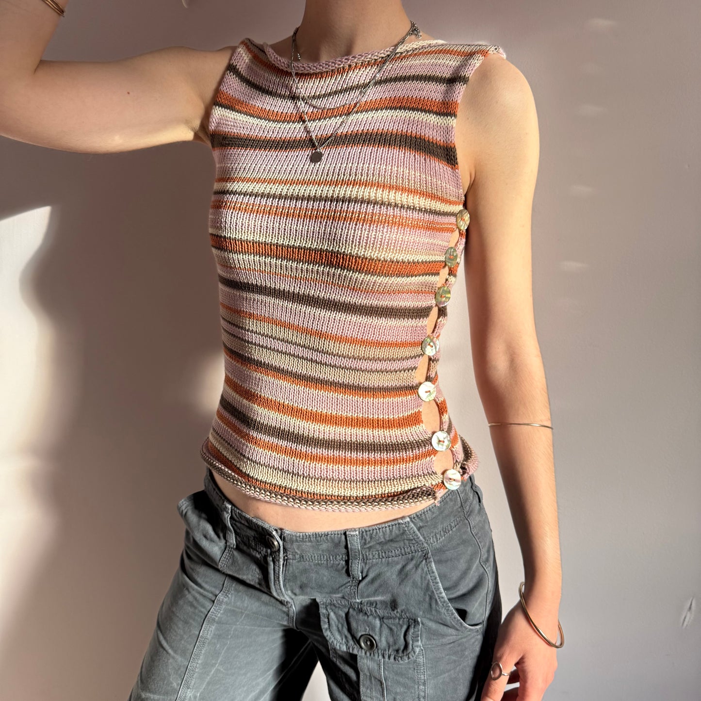 Handmade retro striped Pearl Vest with abalone shell buttons