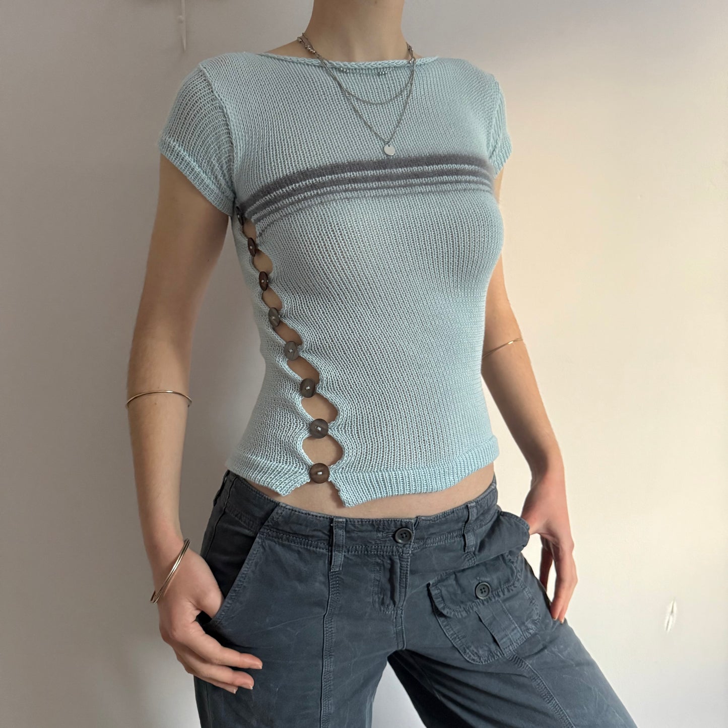 Handmade baby blue and grey striped knit button tee - limited edition 🩵