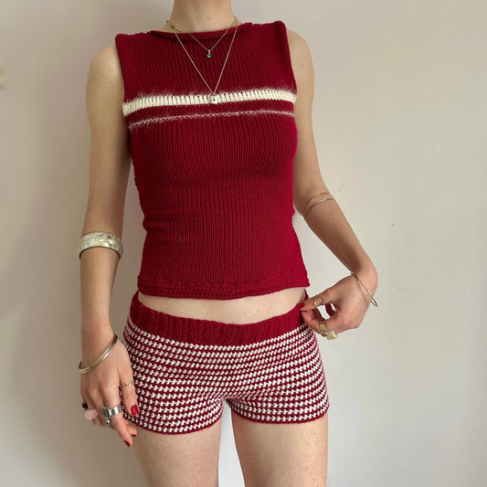 The Cherry Shorts - dark red and cream striped crochet shorts