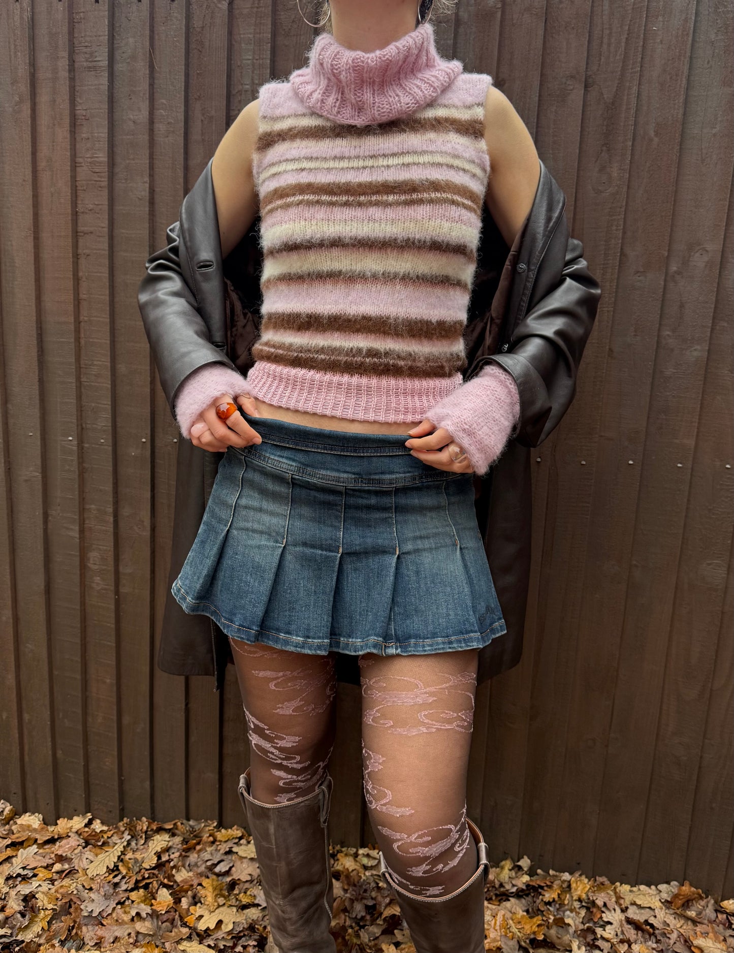 The Neapolitan Ice Cream Vest - brown, cream & baby pink fluffy striped turtleneck knit vest