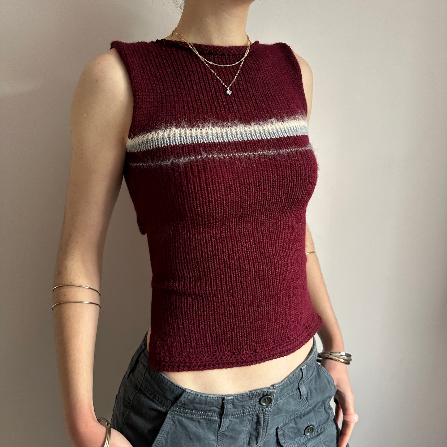 The Bordeaux Vest: handmade burgundy, grey and cream striped knitted tank top - choose with or without bow back