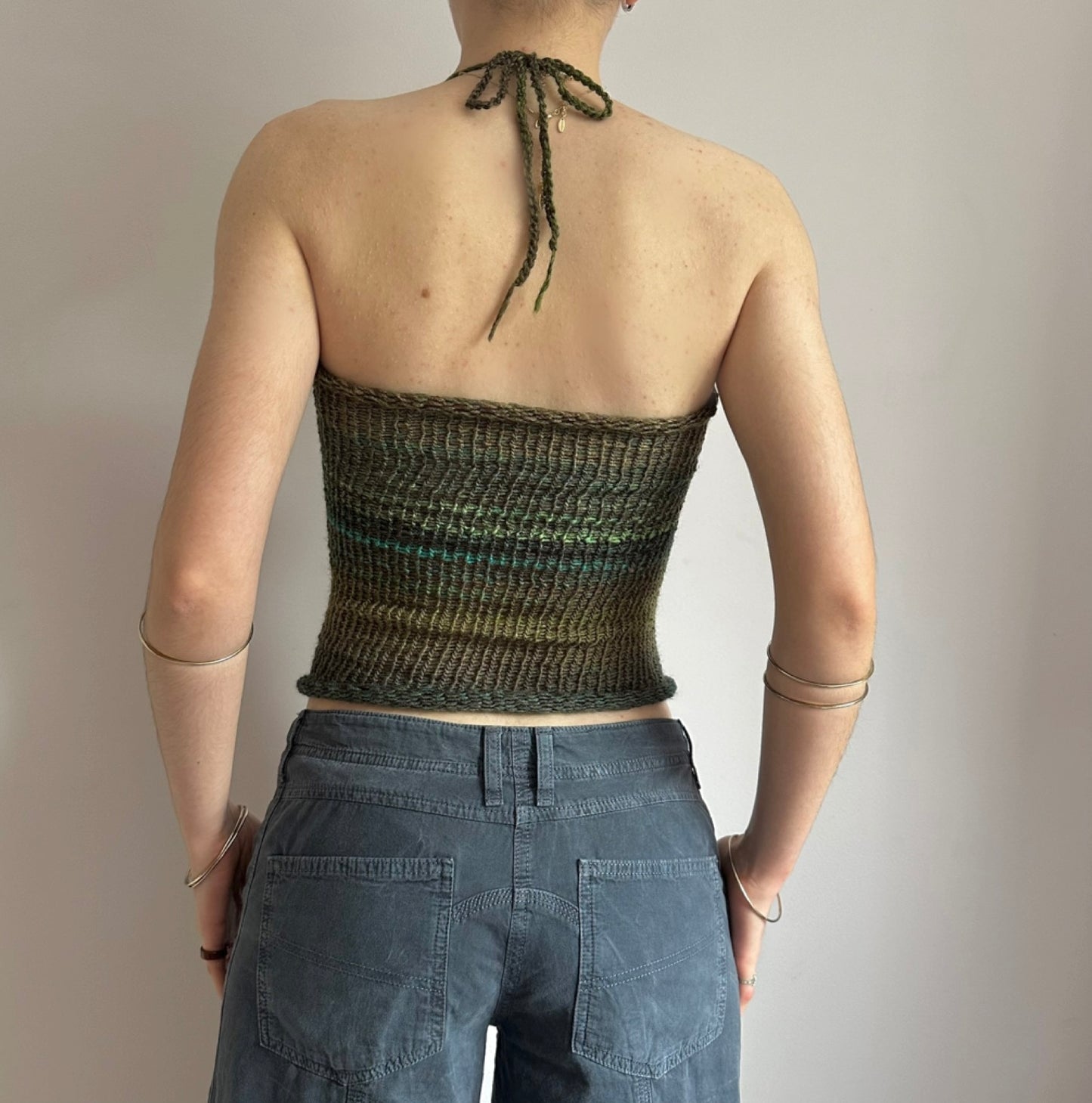 Handmade green and brown ruched bust ombré knitted halter top
