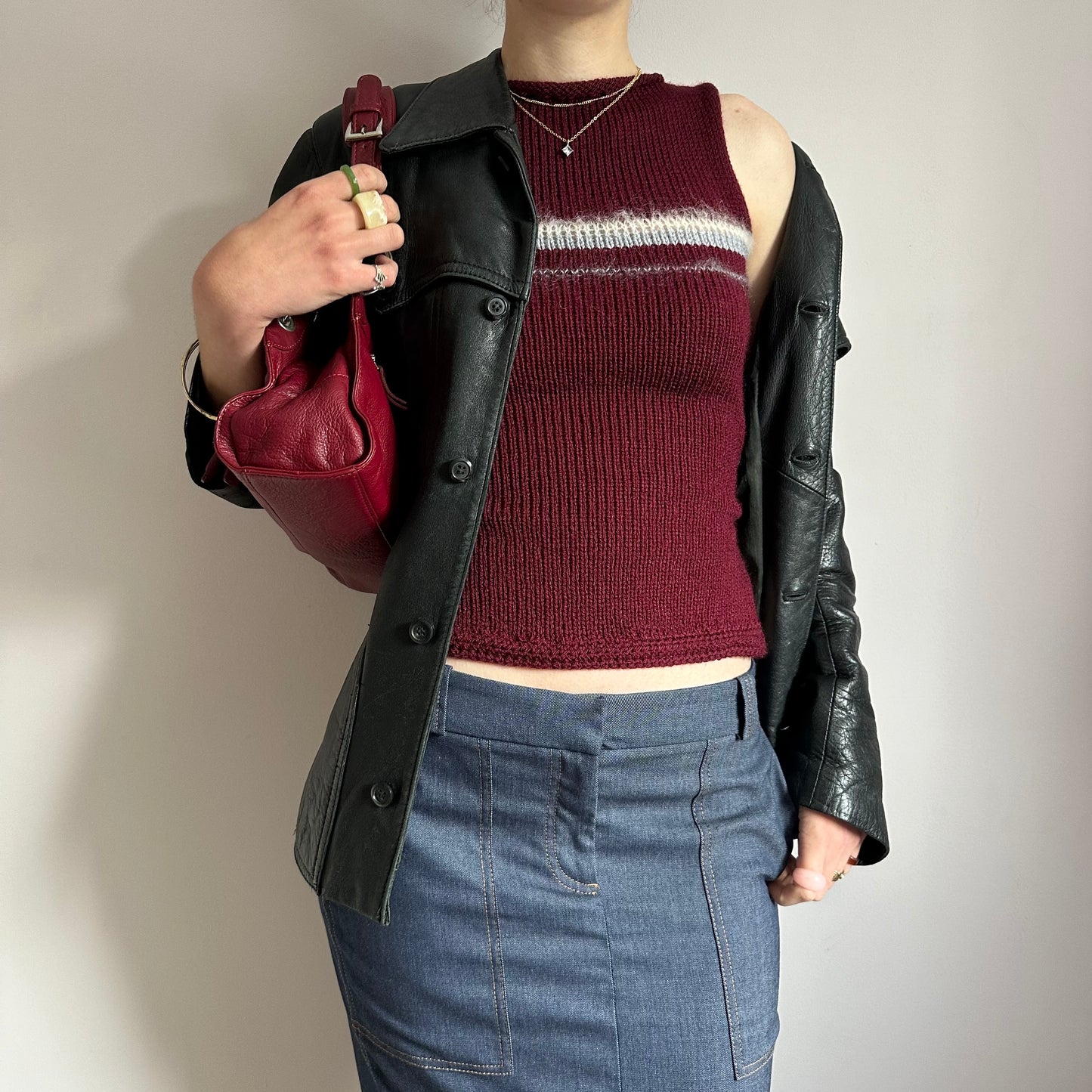 The Bordeaux Vest: handmade burgundy, grey and cream striped knitted tank top - choose with or without bow back