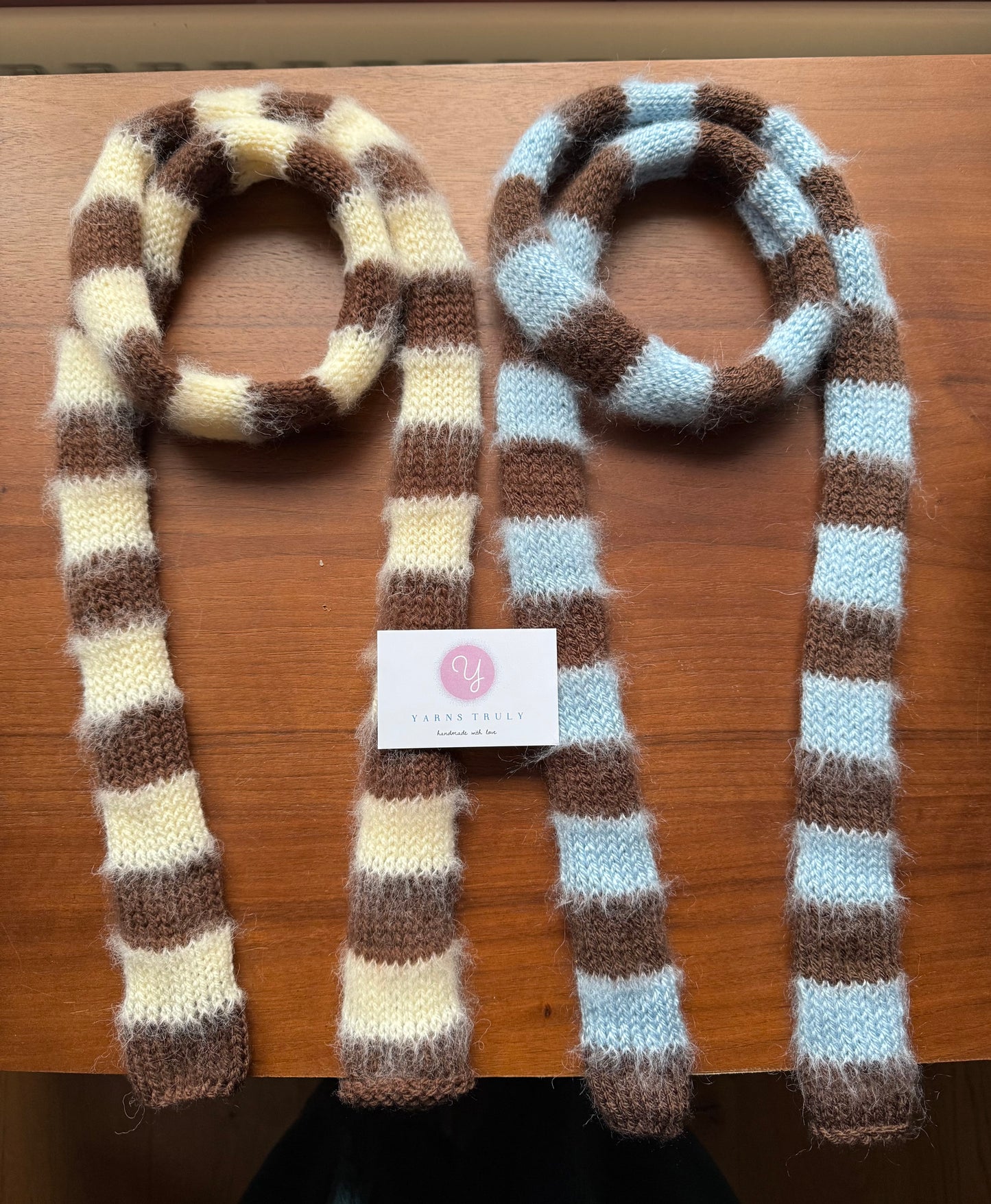 Handmade knitted brown and light yellow mohair striped skinny scarf