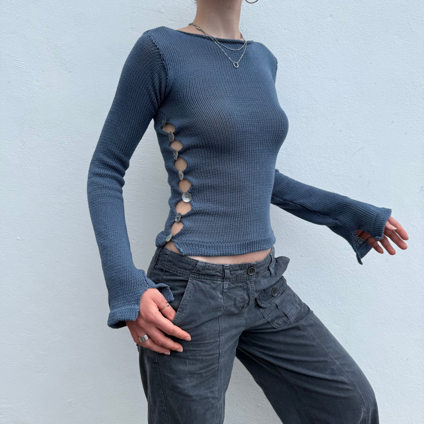 Pearl Long Sleeve in denim blue - handmade knit jumper with mother of pearl buttons