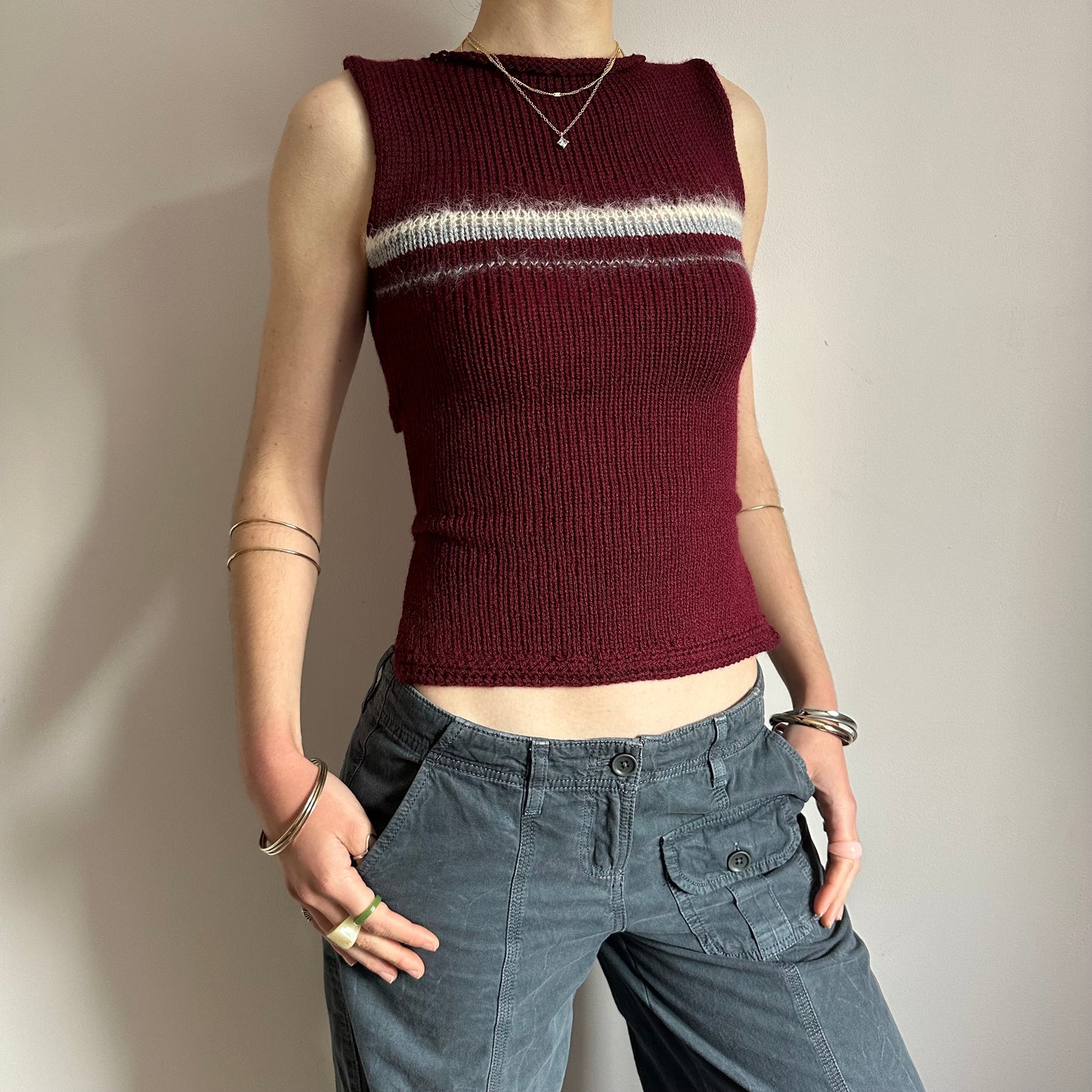The Bordeaux Vest: handmade burgundy, grey and cream striped knitted tank top - choose with or without bow back