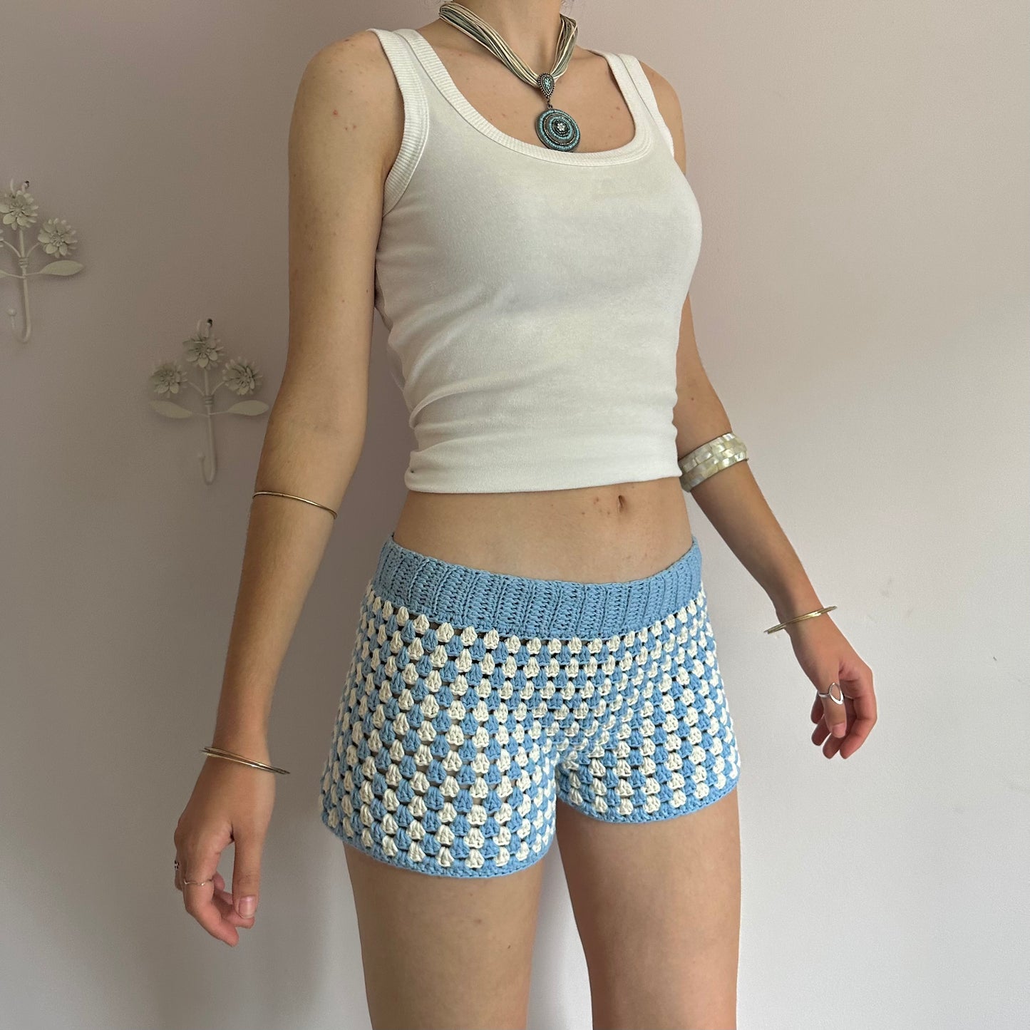 Handmade gingham crochet shorts in baby blue and cream