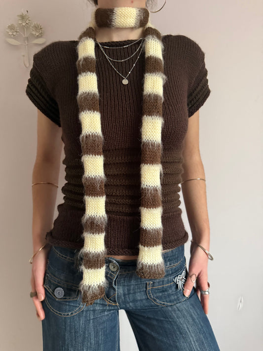 Handmade knitted brown and light yellow mohair striped skinny scarf