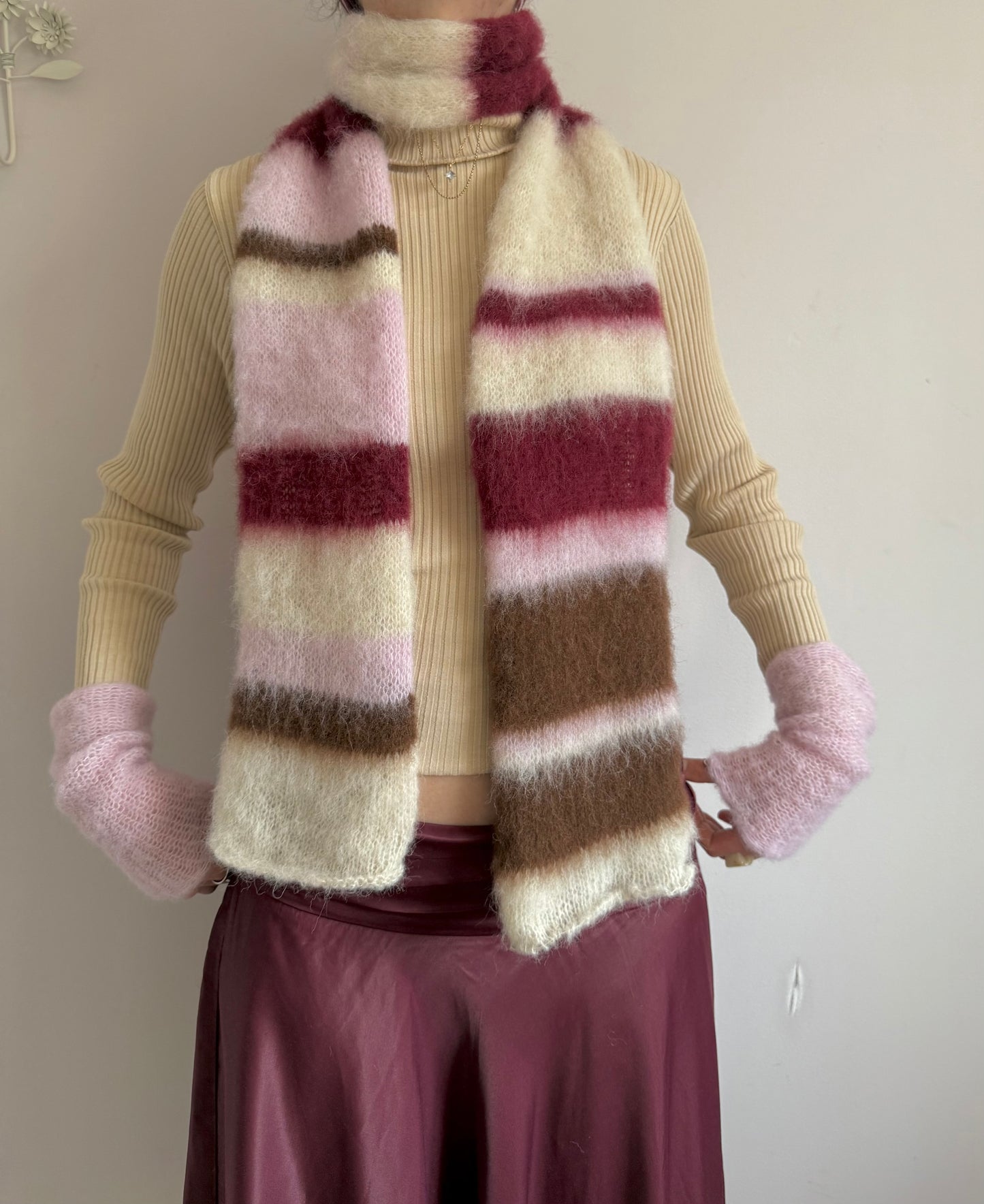 Handmade cream, burgundy, brown and baby pink fluffy striped scarf - choose full width or skinny 🌸
