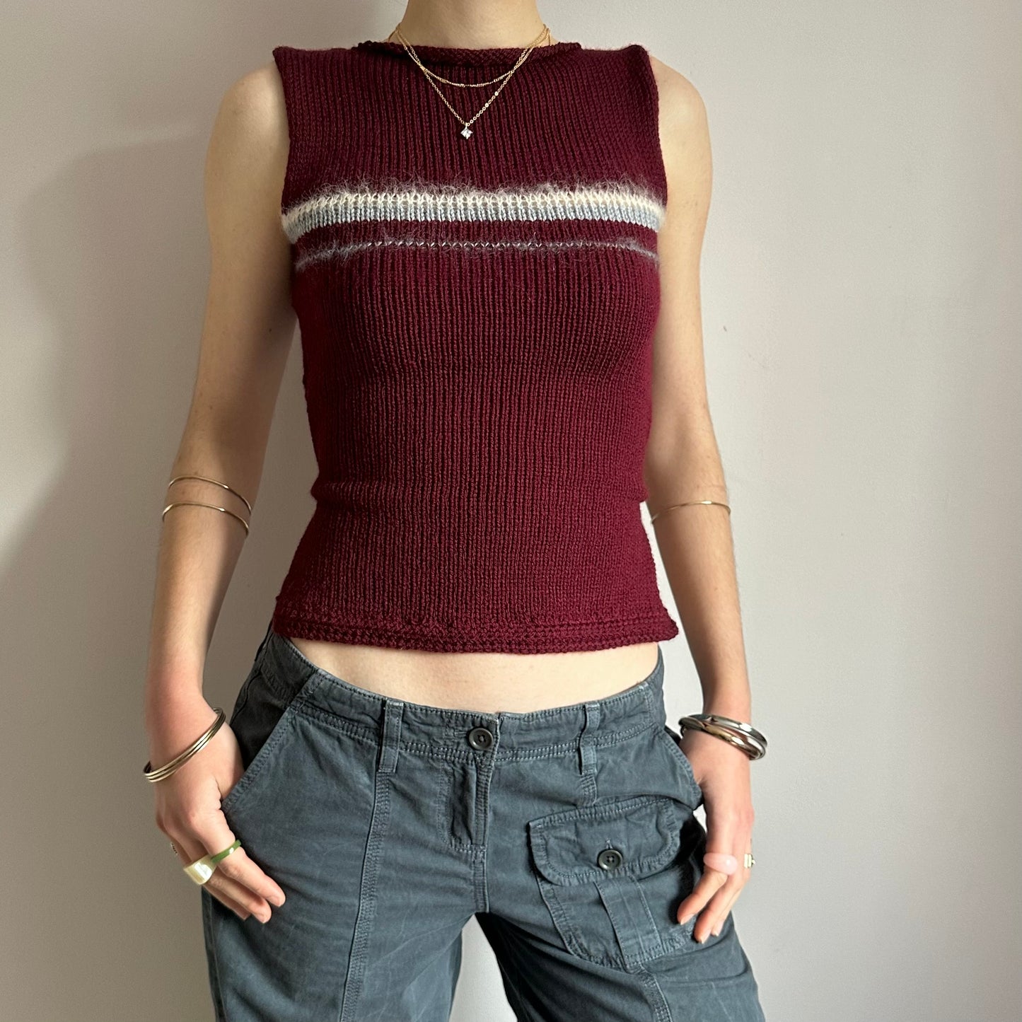 The Bordeaux Vest: handmade burgundy, grey and cream striped knitted tank top - choose with or without bow back