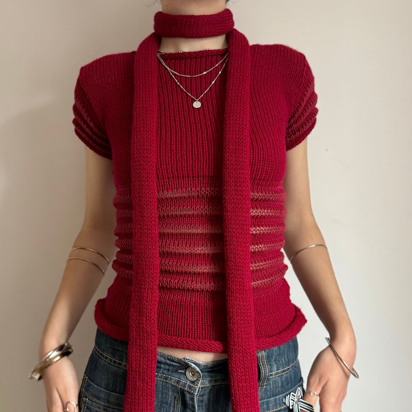 Handmade knitted skinny scarf in dark red